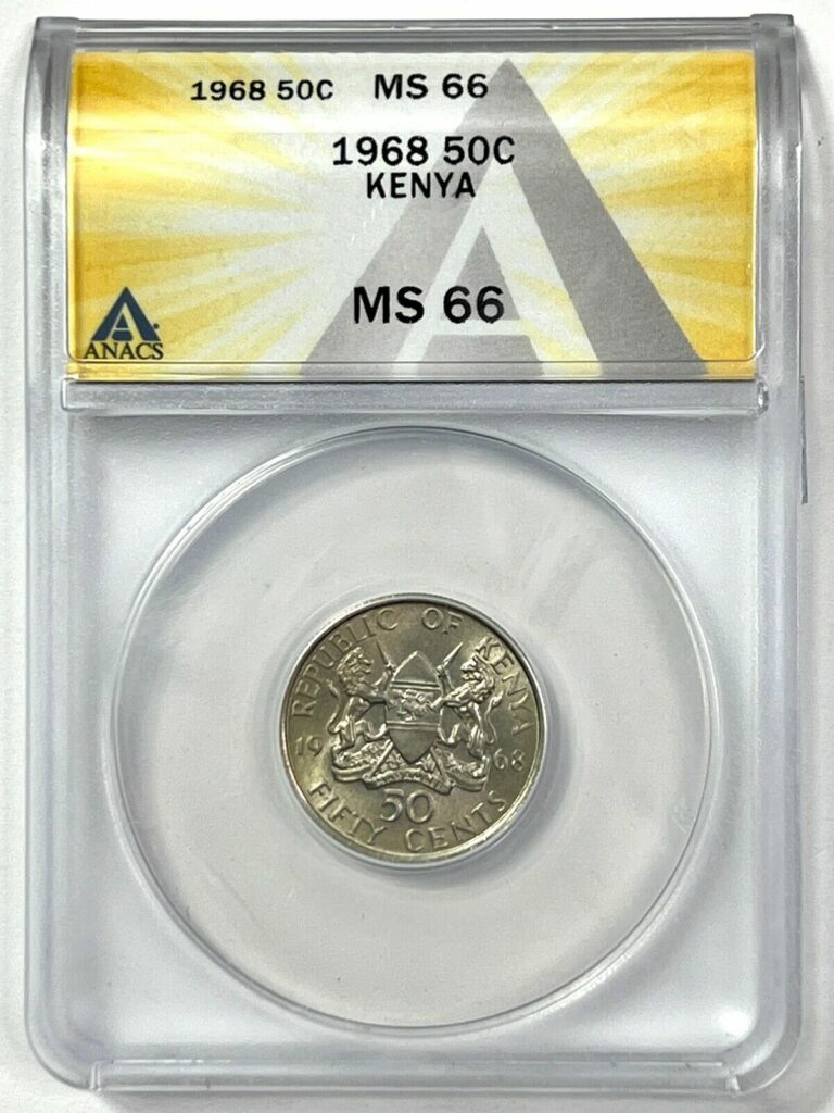 Read more about the article 1968 Kenya Fifty Cents 50C – ANACS MS 66