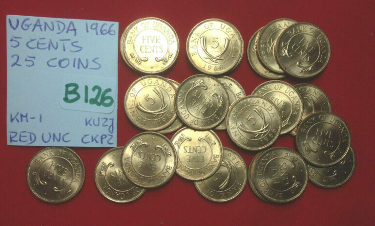 Read more about the article B126 Uganda; 25 Coins Lot from Mint Bag – 5 Cents 1966   Red UNC