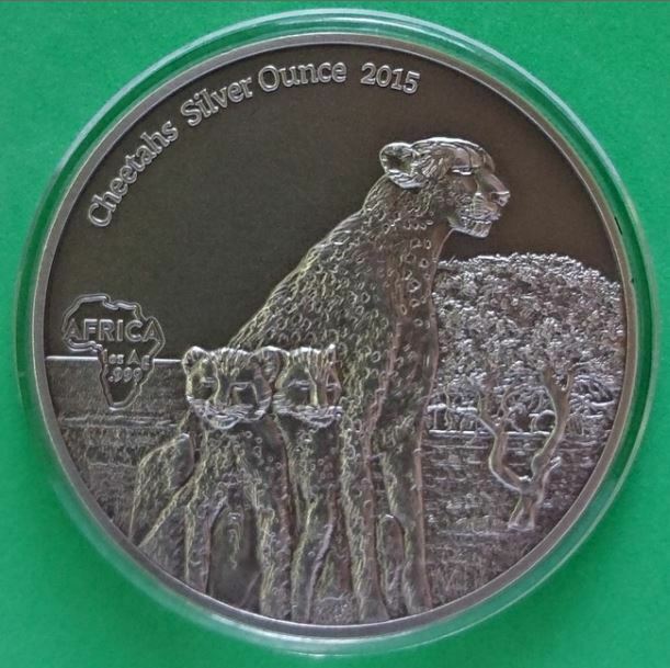 Read more about the article Gabon 2015 1000 Francs AFRICA CHEETACHS 1 OZ Antique Finish Coin