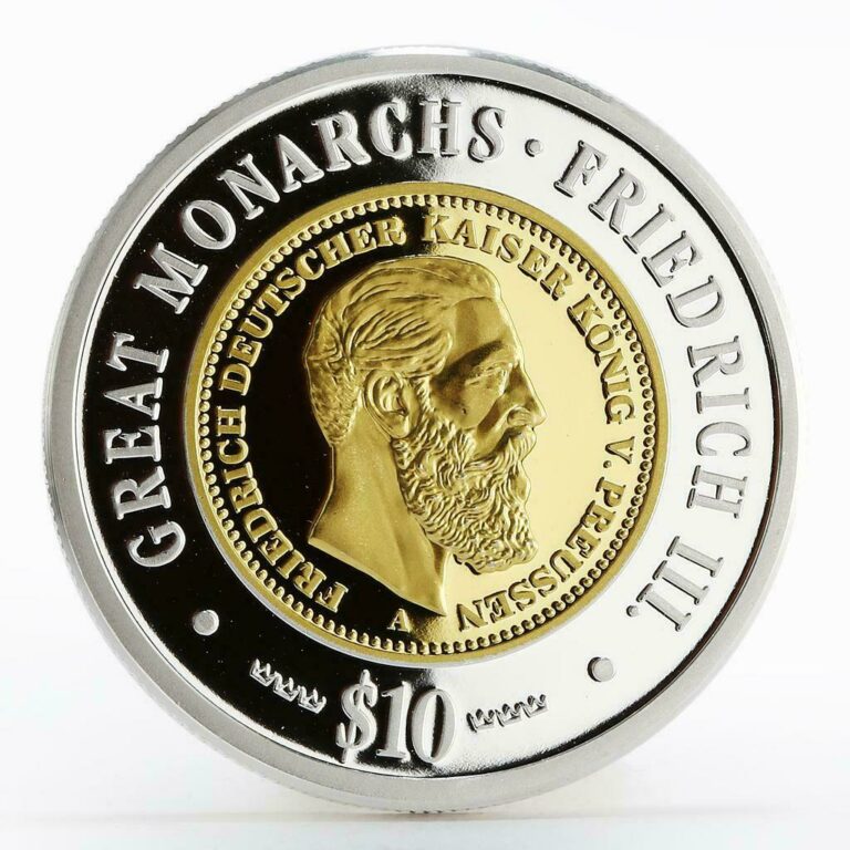 Read more about the article Namibia 10 dollars Great Monarchs Friedrich III gilded proof silver coin 2009