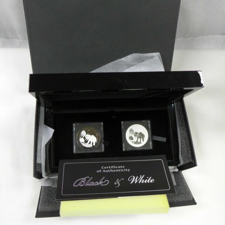 Read more about the article 2017 1 Oz Silver SOMALI BLACK and WHITE AFRICAN ELEPHANT 2 Coin Set w/Box and COA