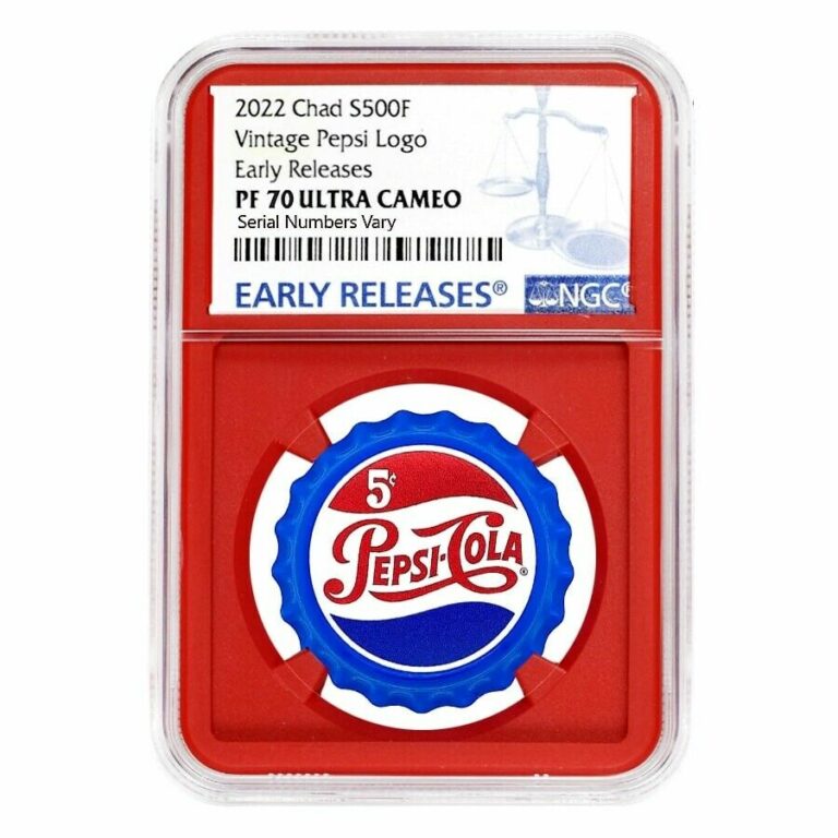 Read more about the article 2022 Chad 6 gram Pepsi-Cola Retro Bottle Cap Silver Coin NGC PF 70 ER (Red Core)