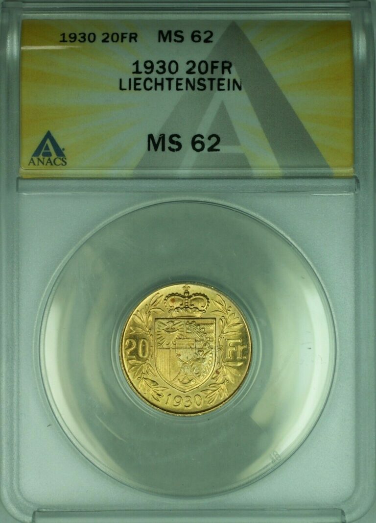 Read more about the article 1930 Liechtenstein 20 Franken Gold Coin ANACS MS-62  (DW)