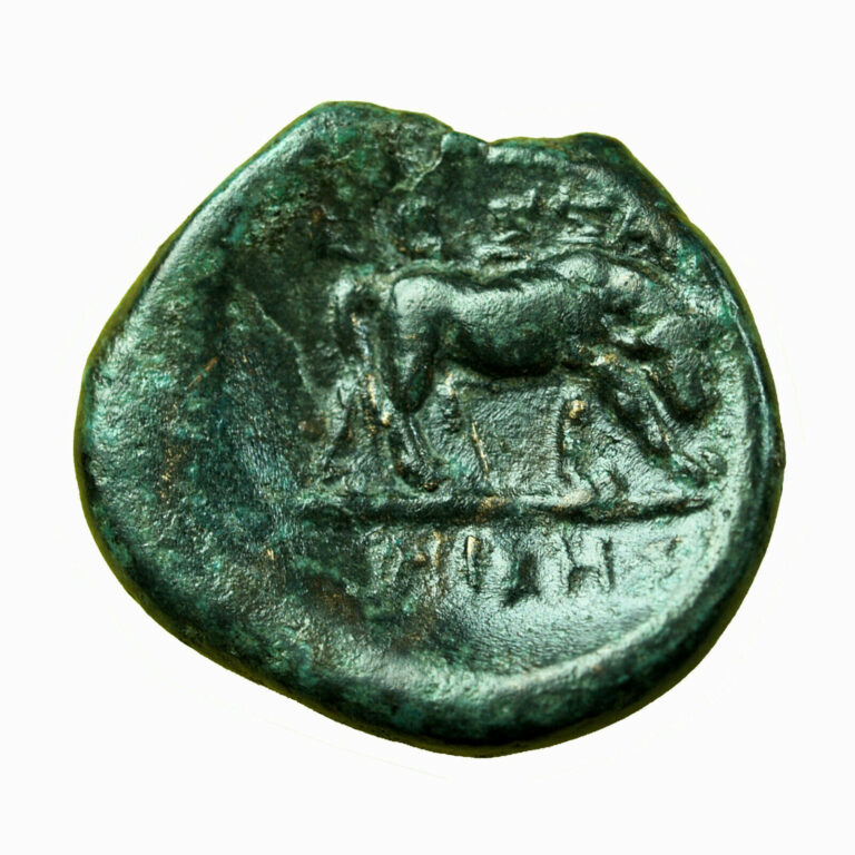 Read more about the article 00091 Ancient Greek Coin Thessalonica Macedonia AE19mm Athena / Bull