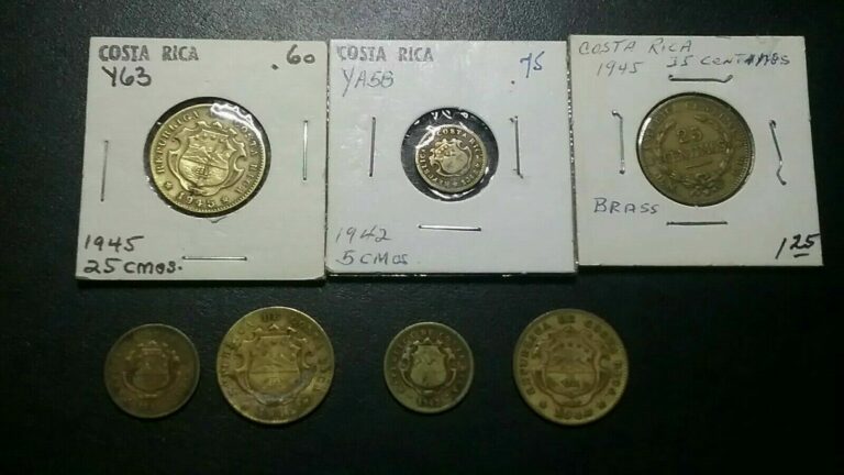 Read more about the article LOT OF 7 COSTA RICA COINS .1942 5 CENTIMOS  1945 25 CENTIMOS   1946 10 CENTIMOS