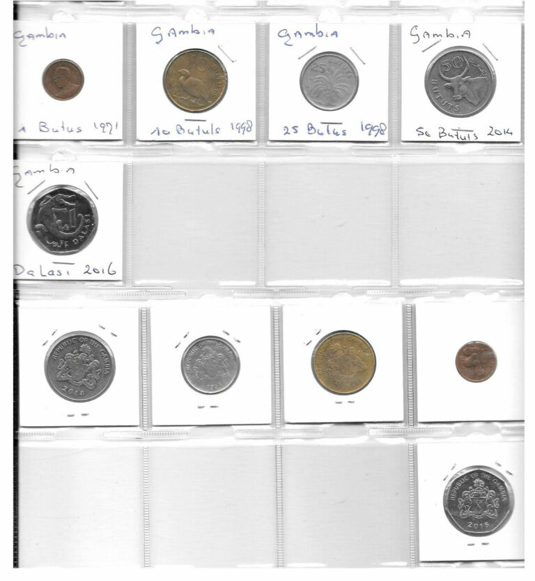 Read more about the article GAMBIA 1 BUTUT – 1 DALASI 1971-2016 5 Uncirculated Coins. PP6