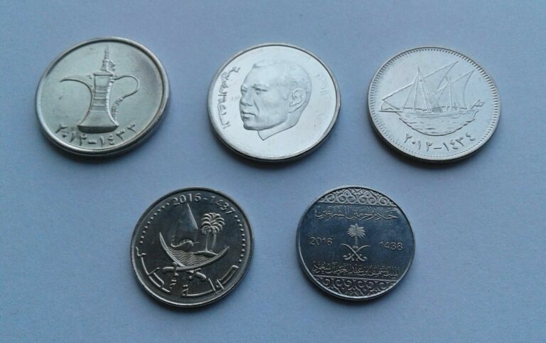 Read more about the article Arab 5 Diff. Coins UAE 1dh  Morocco 1dh  Kuwait 50f  Qatar 25 dh  Saudia10 h UNC