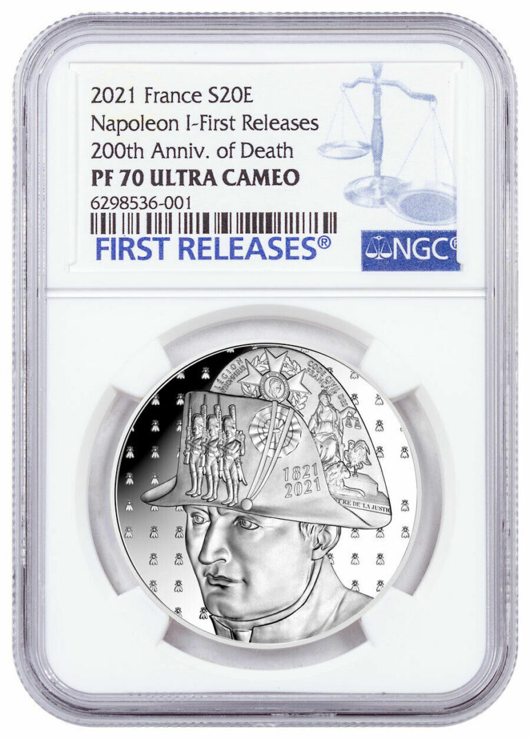 Read more about the article 2021 France Napoleon Bonaparte 200th Annv HR 1 oz Silver Proof €20 NGC PF70 FR