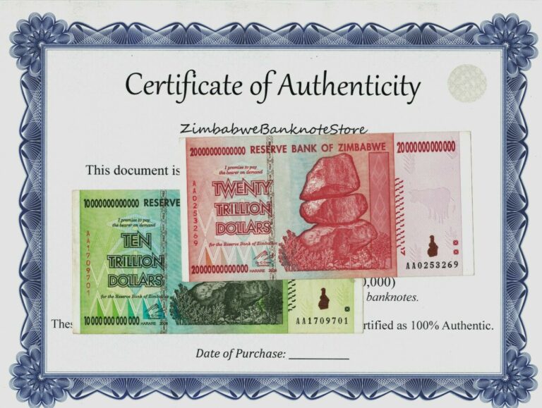 Read more about the article 20 and 10 Trillion Zimbabwe Dollars Banknotes AA 2008 + COA Certificate Authentic