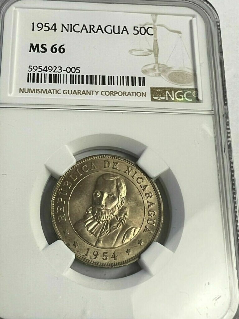 Read more about the article 1954 NICARAGUA 50 CENTAVOS de Cordoba  NGC MS-66  Pop 10/1