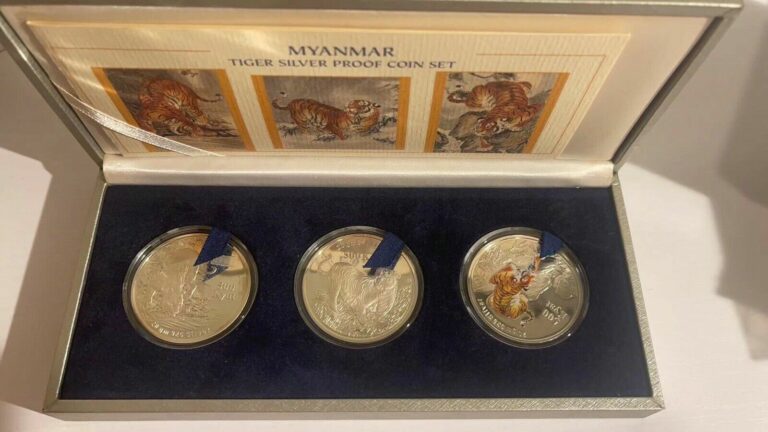 Read more about the article 1998 Myanmar Burma 3pc Chinese Lunar  Tiger Silver Coin Set