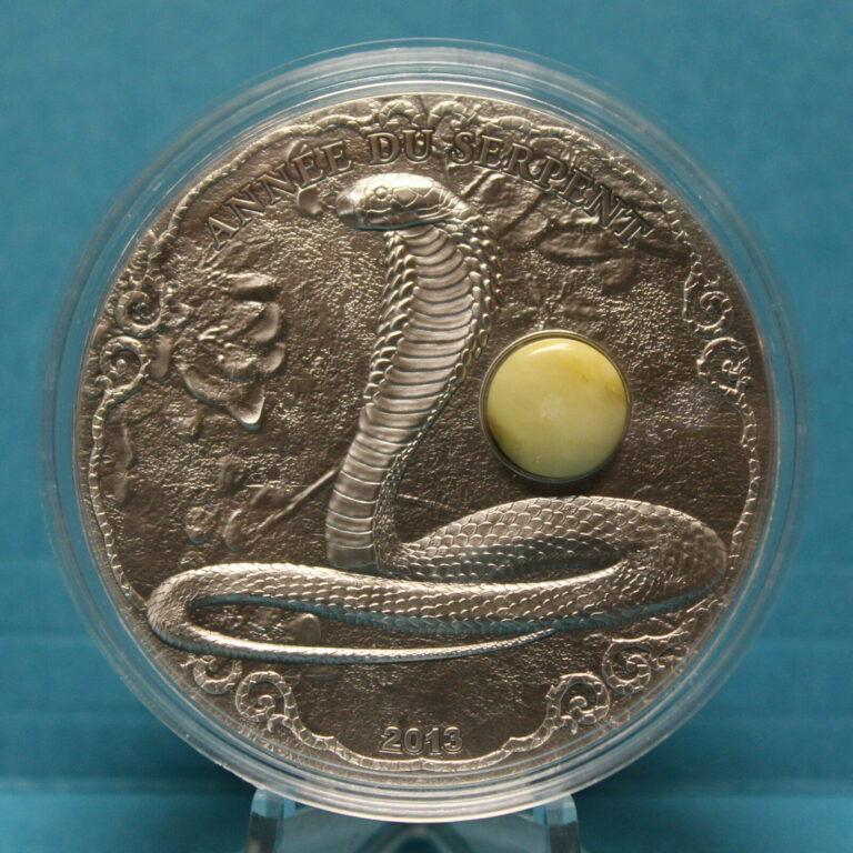 Read more about the article Togo 2013 Year of Snake 1500 Fr 2 Oz Silver Coin High Relief with Amber insert