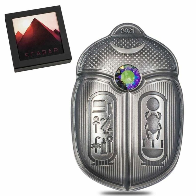 Read more about the article 2021 Palau 1 oz Silver Scarab – King Tut Coin Antiqued .999 Fine (w/Box and COA)