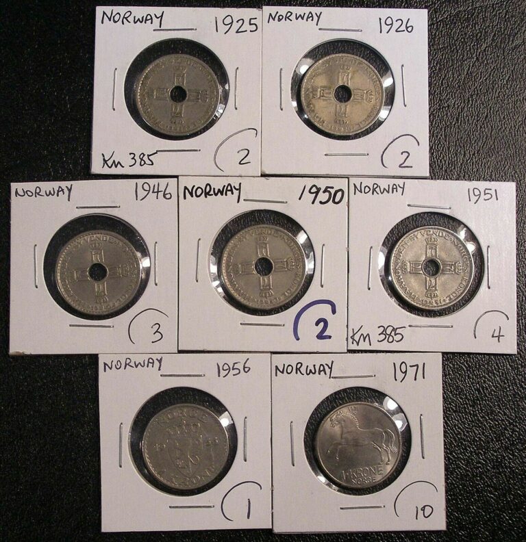 Read more about the article 7 different NORWAY One Krone coins 1925 to 1971 #8454