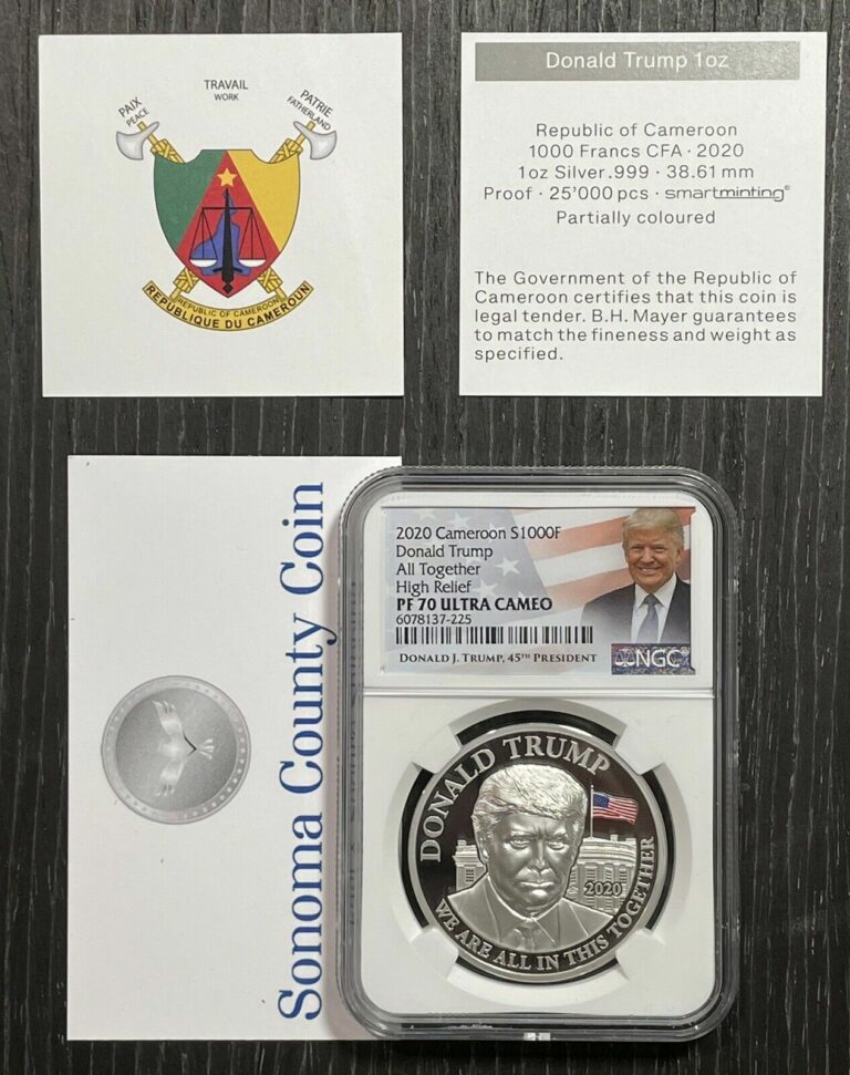 Read more about the article 2020 CAMEROON PROOF SILVER DONALD TRUMP NGC PF70 HIGH RELIEF 1 OZ .999 W COA