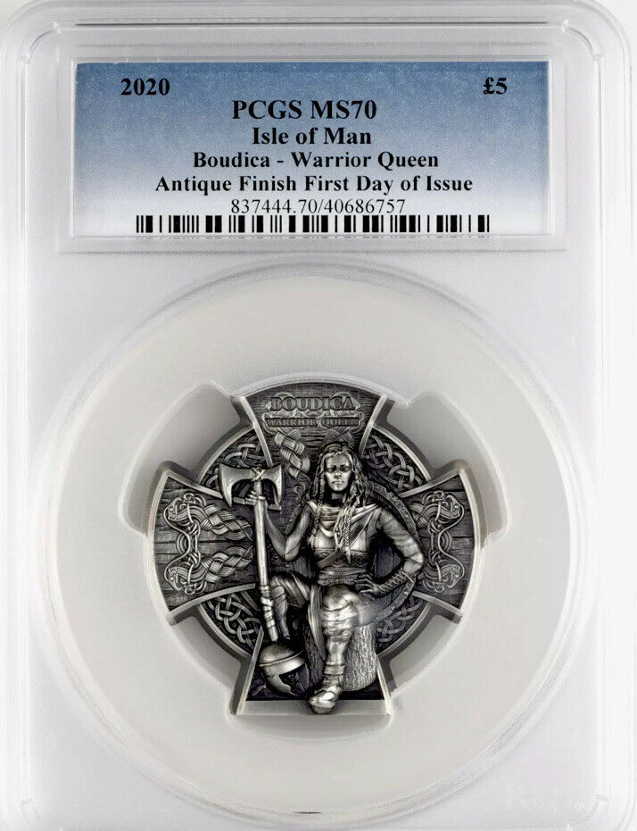 Read more about the article 2020 Isle of Man Boudica 5£ 3oz Antique Silver Coin PCGS MS70 First Day Issue