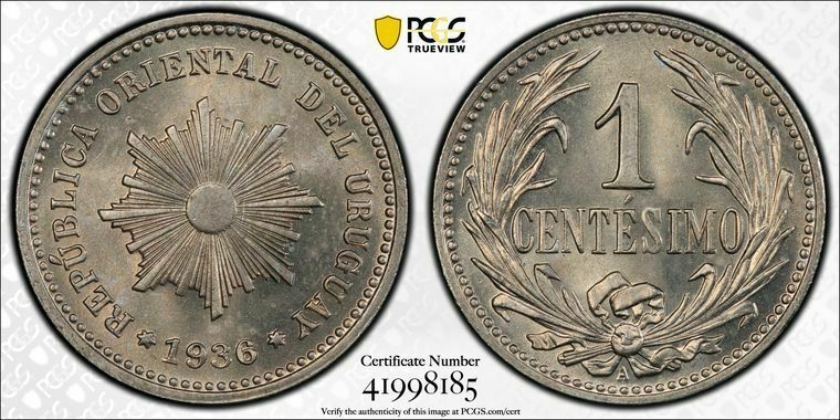 Read more about the article 1936-A Uruguay 1 Centesimo PCGS MS66+ Lot#G705 Gem BU!