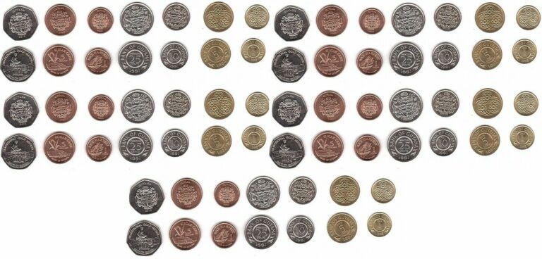 Read more about the article Guyana – 5 pcs x set 7 coins 1 5 10 25 Cents 1 5 10 Dollars 1991 – 2013 aUNC/UNC