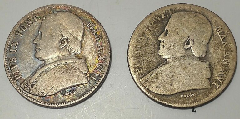 Read more about the article Pair Vatican City 80% Silver POPE PIUS IX coin 1861 VG and 1863 XF