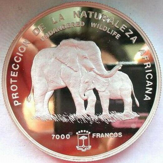 Read more about the article Equatorial Guinea 1995 Elephant 5oz 7000 Francs Silver Coin Proof-C