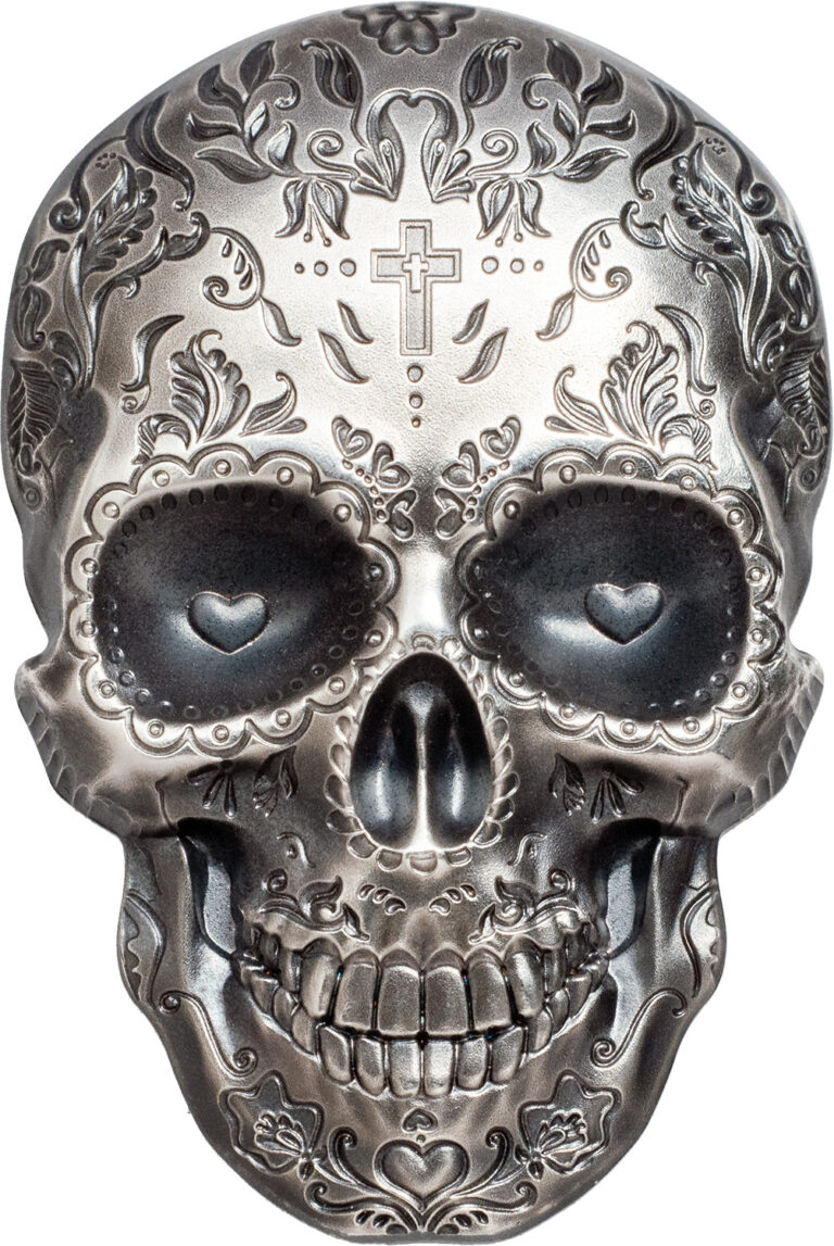 Read more about the article 2018 Palau La Catrina Skull 1 oz .999 Silver antiqued in tin ~ Day of the Dead