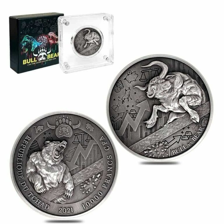 Read more about the article Sale Price – 2021 Chad 2 oz Silver Bull vs Bear Pandemic Antiqued Coin (w/Box)