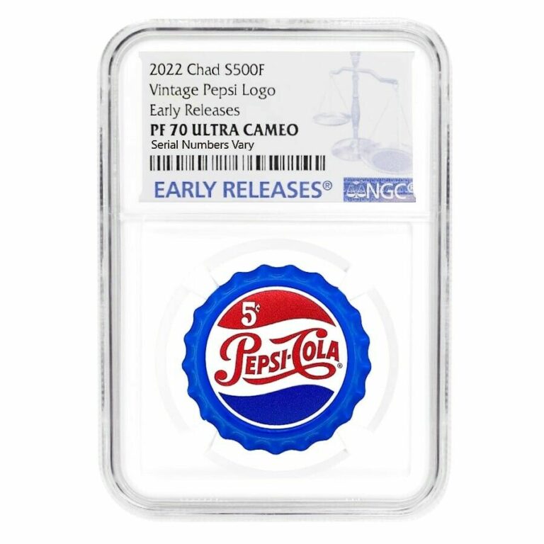 Read more about the article 2022 Chad 6 gram Pepsi-Cola Retro Bottle Cap Silver Coin NGC PF 70 ER White Core