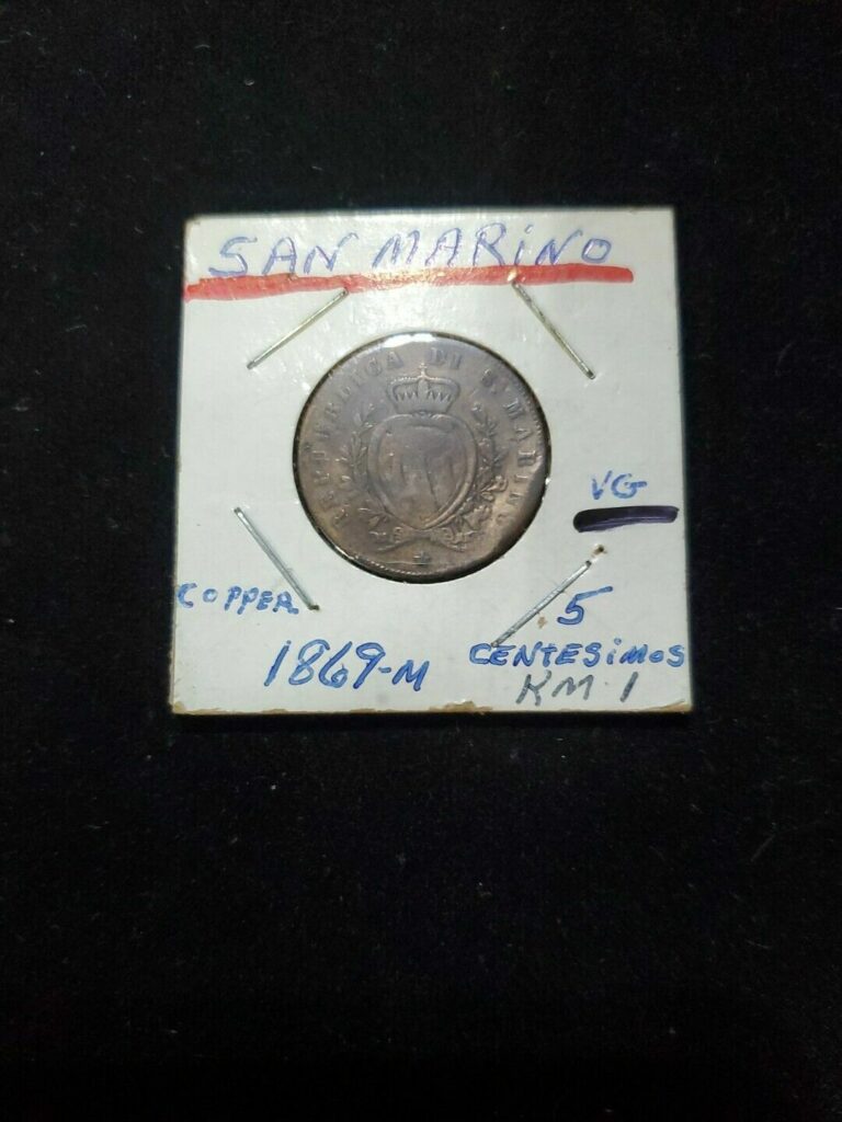 Read more about the article 1869 M Copper San Marino 5 Centesimi KM# 1 Crowned Arms Nice. Great Price!!!