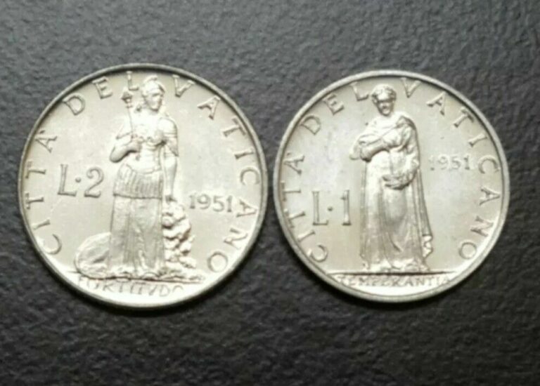 Read more about the article 1951 VATICAN CITY 1 and 2 LIRE BU UNC UNCIRCULATED ALUMINUM COINS KM 49-50 LOT SET