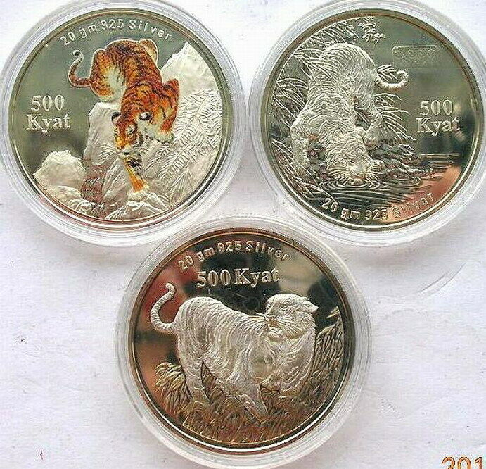 Read more about the article Myanmar 1998 Tiger 500 Kyat Colour Set of 3 Silver Coins Proof