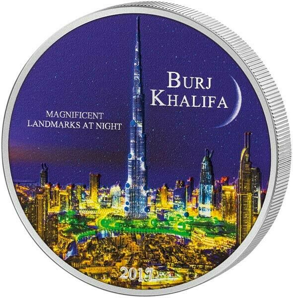 Read more about the article Ivory Coast-2017-Burj Khalifa-Magnificent Landmarks at Night-Glowing Silver Coin