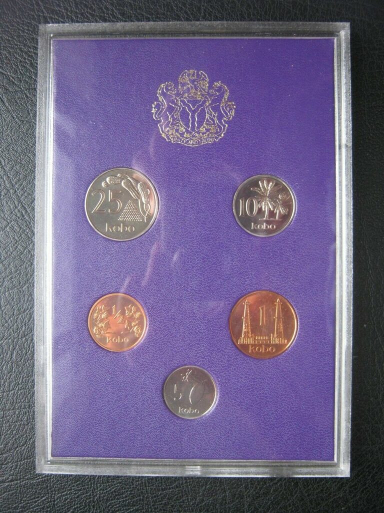 Read more about the article Nigeria 1973 Proof 5 Coin Set 1/2 – 25 Kobo In Plastic Case and Envelope