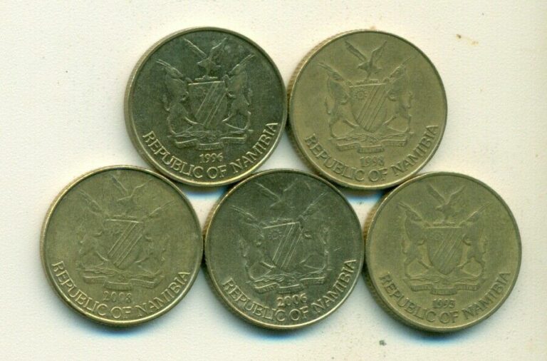 Read more about the article 5 DIFFERENT 1 DOLLAR COINS from NAMIBIA (1993  1996  1998  2006 and 2008)