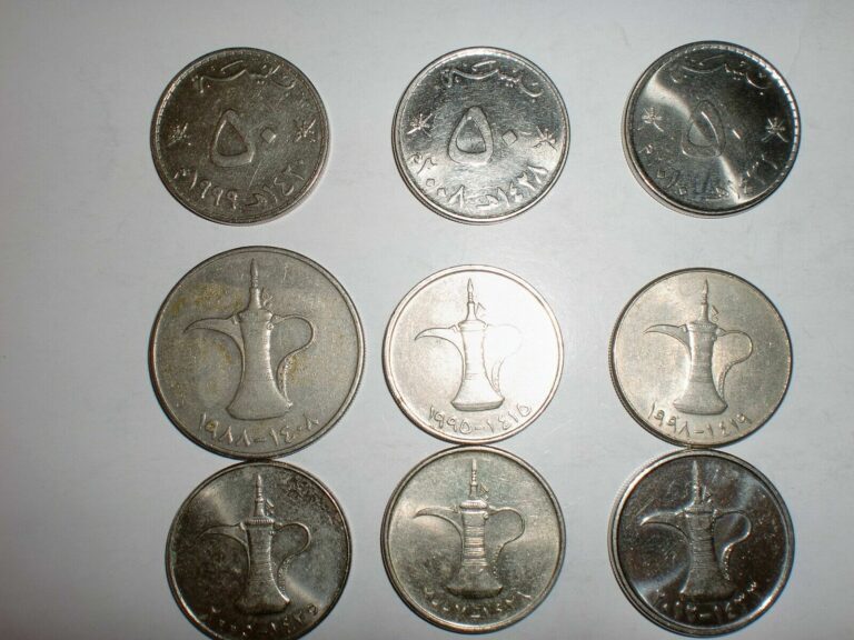 Read more about the article OMAN and UAE COIN LOT: 9  OLD and NEW COINS  “50 BAISA” and 1 DIRHAM X 6-1988-2012#5EH