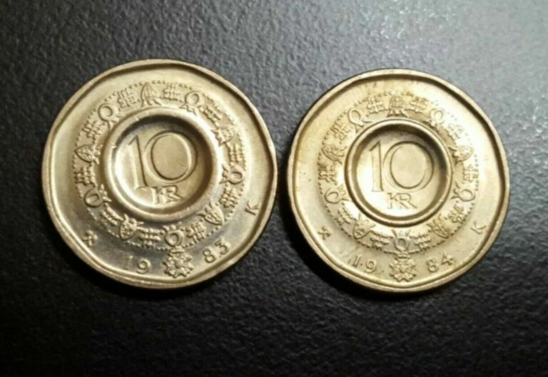 Read more about the article 1983 1984 NORWAY 10 KRONER LOT OF 2 HIGH GRADE COINS KM 427