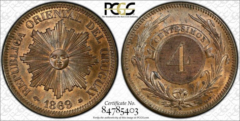 Read more about the article Uruguay 4 Centesimos 1869 A MS64+ RB PCGS KM#13 2ND FINEST POP 1/1 – VERY SCARCE