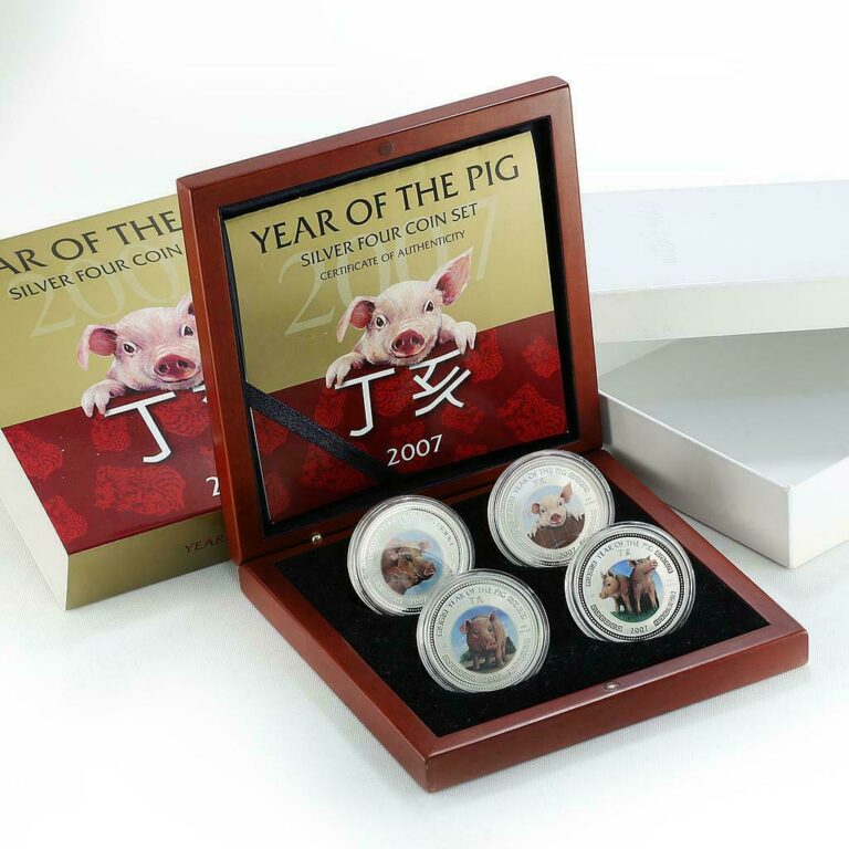 Read more about the article Cambodia 3000 riels set of 4 coins Year of the Pig Lunar coloured coin 2007