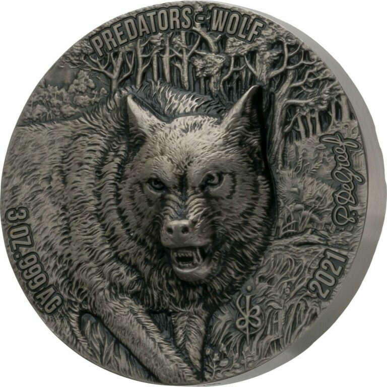 Read more about the article 2021 Ivory Coast 5000 Francs Predators Wolf UHR 3 oz Silver Coin – 750 Mintage