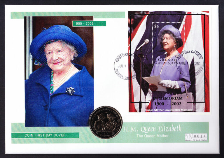 Read more about the article 2002 Queen Mother Memoriam cover Grenada Grenadines Mini Sheet Gibraltar coin