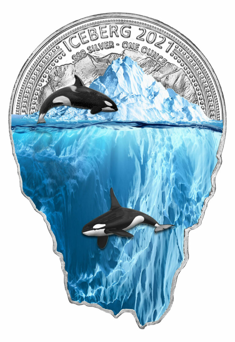 Read more about the article 2021 Fiji Iceberg Shaped 1 oz Silver Colorized $2 Coin Orcas GEM BU