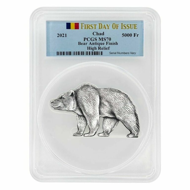 Read more about the article 2021 Chad 1 oz Silver Bear Shaped Coin PCGS MS 70 FDOI Antiqued High Relief