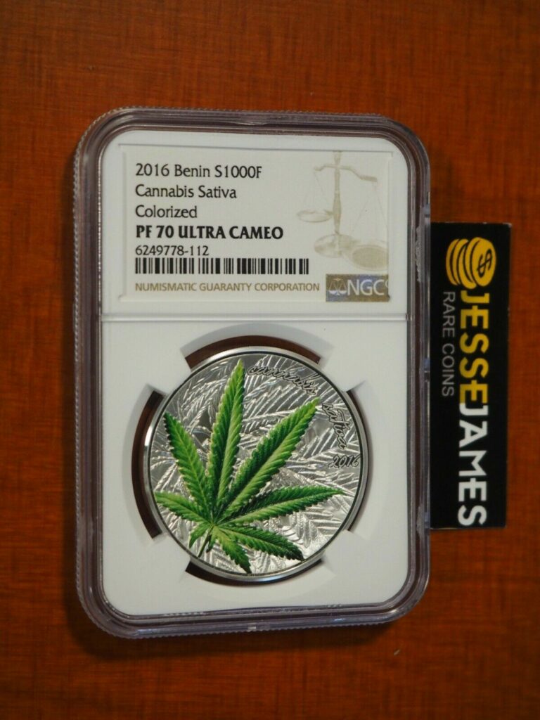 Read more about the article 2016 BENIN PROOF SILVER COLORIZED CANNABIS SATIVA NGC PF70 1 OZ .999 W BOX/ COA