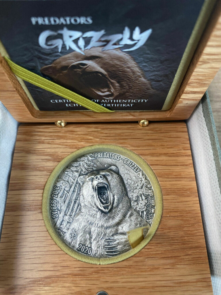 Read more about the article PREDATORS – GRIZZLY 3 OZ DE GREEF 5000 FRANCS IVORY COAST 2020 SILVER COIN