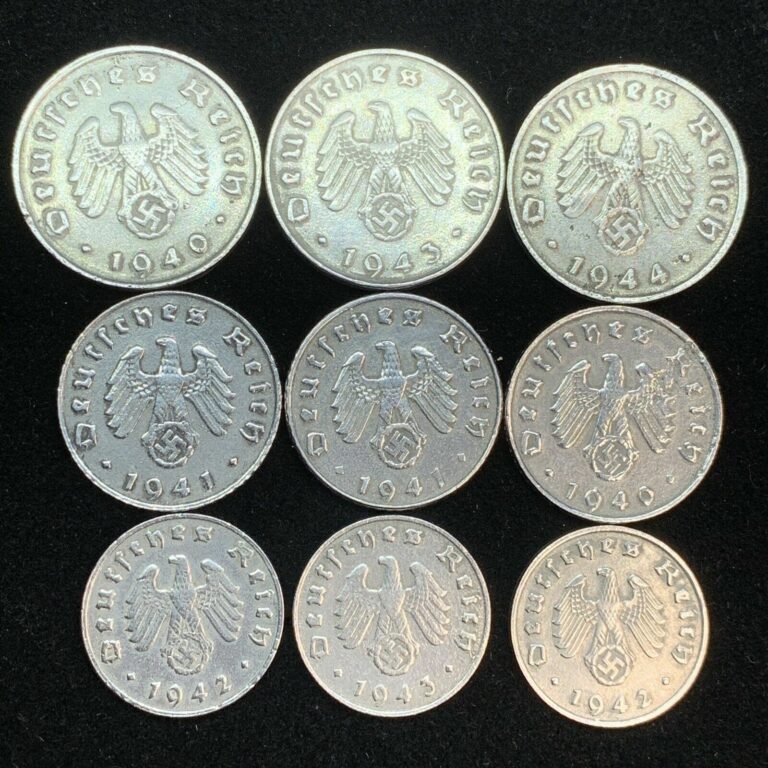 Read more about the article 9 Coin Lot Third Reich WW2 German Reichspfennig Zinc Coins Buy 3 Get 1 Free