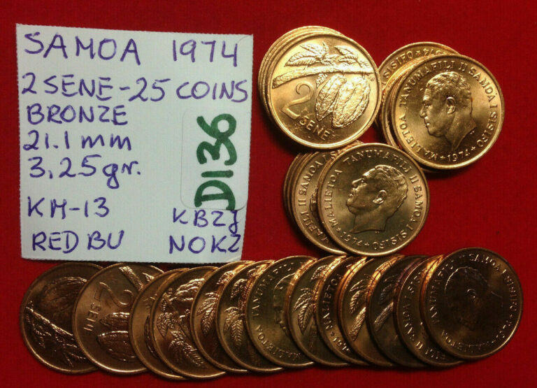 Read more about the article D136 Samoa; 25 Coins Lot from Mint Bag – Bronze 2 Sene 1974   KM#13  Red BU