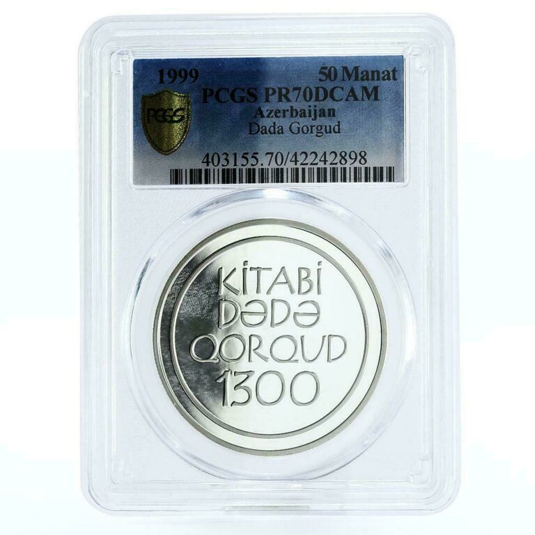 Read more about the article Azerbaijan 50 manat Dada Gorgud on Horse Book PR70 PCGS silver coin 1999