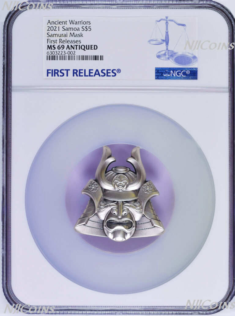 Read more about the article 2021 Ancient Warriors-Samurai Mask-Shaped 2oz Silver $5 Antiqued Coin NGC MS69