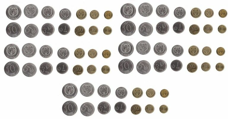 Read more about the article Kyrgyzstan – 5 pcs x Set 7 Coins 1 10 50 Tyiyn 1 3 5 10 Som 2008 – 2009 UNC