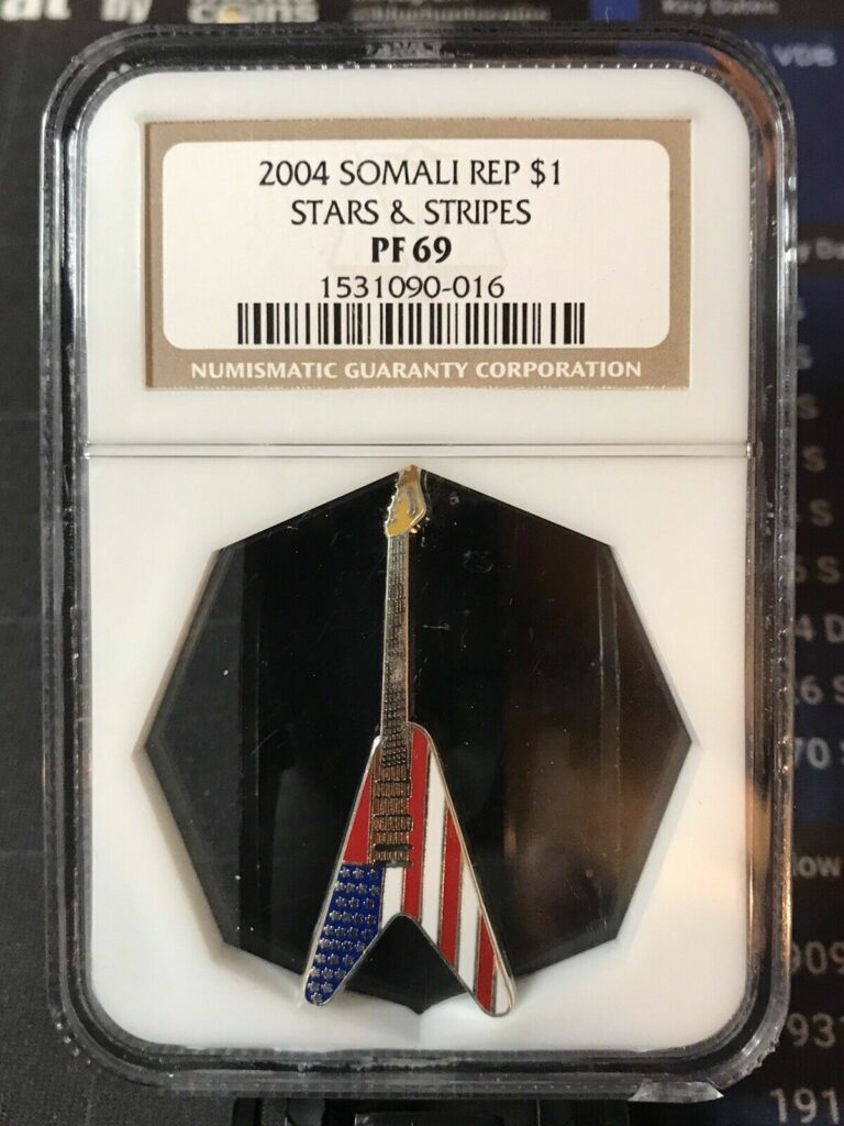 Read more about the article 2004 Somali Republic $1 Guitar Coin NGC PF69 Stars and Stripes.(0202)