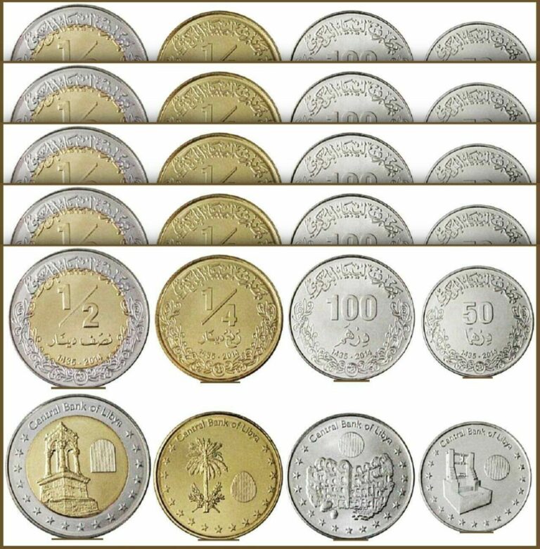 Read more about the article LIBYA UNC 5 x 4 COINS SET 50 100 Dirhams 1/4 1/2 DINAR 2014 BIMETALLIC (20 PCS)